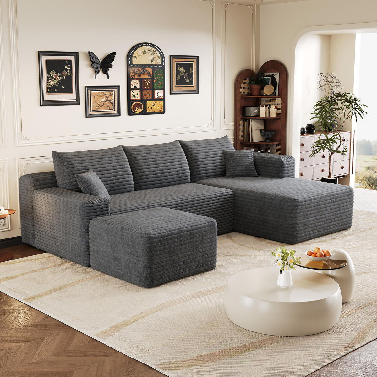 WOHNLANDSCHAFT Cord Dunkelgrau - Grau, Textil (241/58/151cm) - WISHDOR