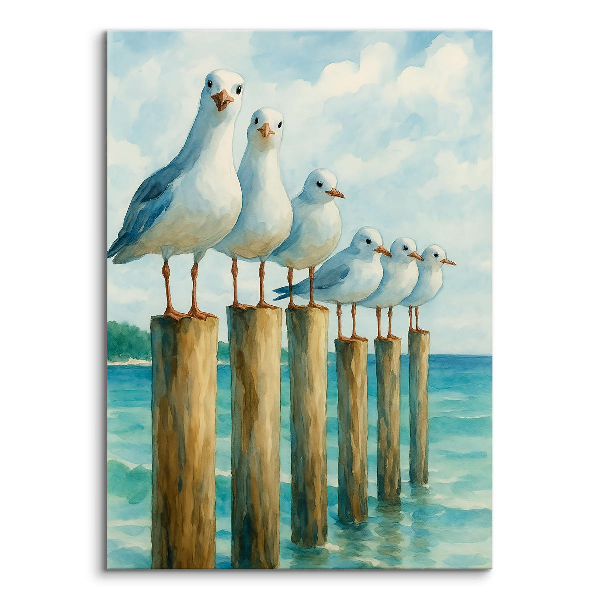 LEINWANDBILD Bemalte Möwen Meer 50/70cm - Blau/Beige, Textil (50/70cm) - Muralo