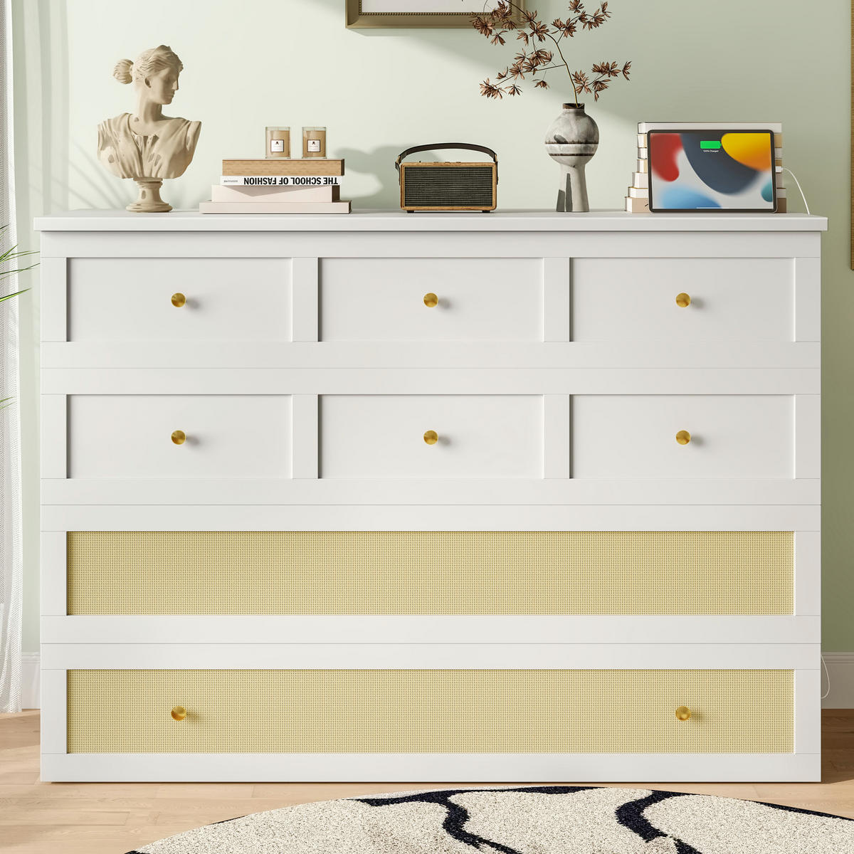 BETT 140/200 cm in Weiß mit USB-Anschluss, Steckdose und Stauraum - Weiß, Holzwerkstoff (140/200cm) - Flora Grace