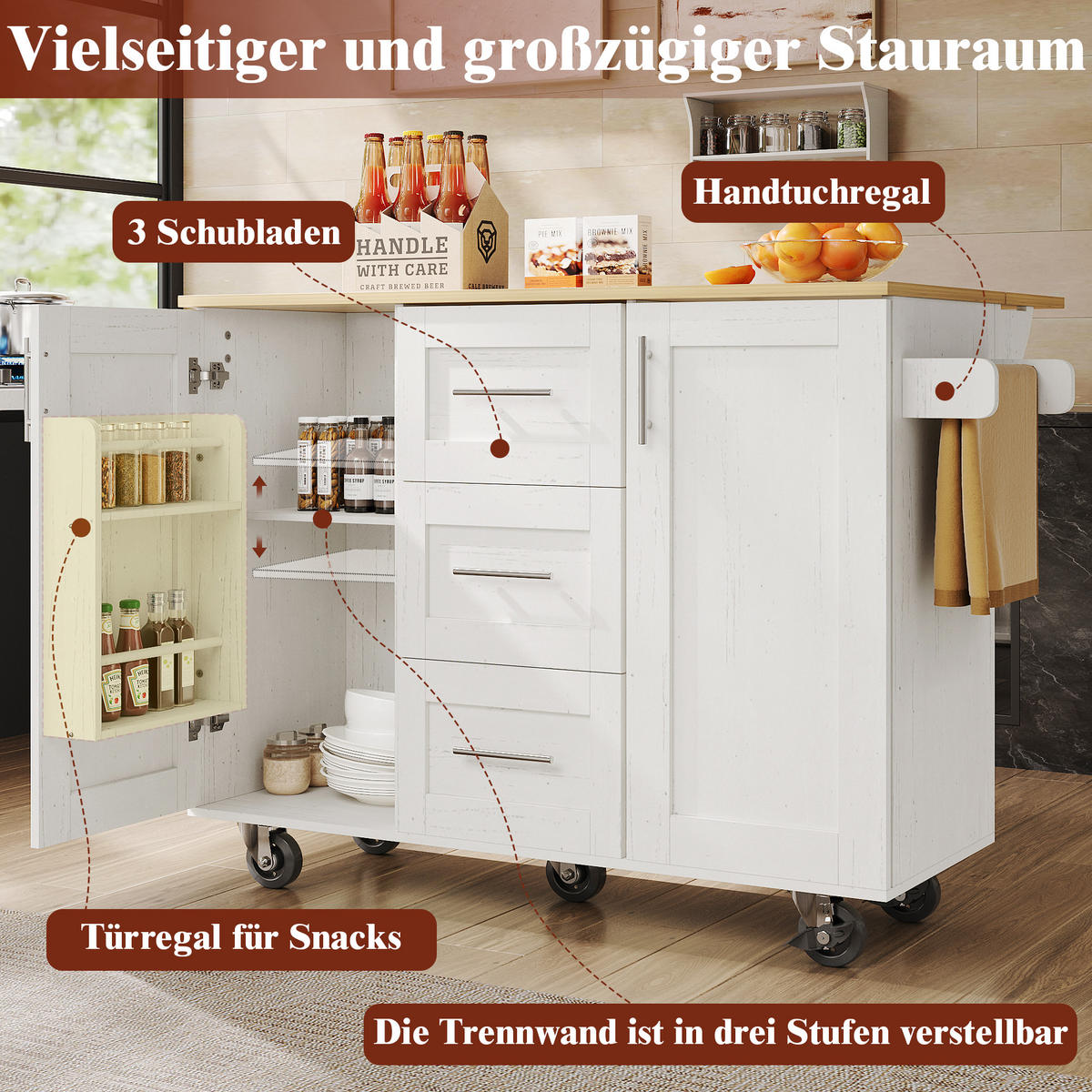 KÜCHENWAGEN 135x74x87.2cm Weiß mit Klappseiten, 3 Schubladen, Snackregal & 5 Rollen - Weiß, Holzwerkstoff (135/87.2/74cm) - Modfu