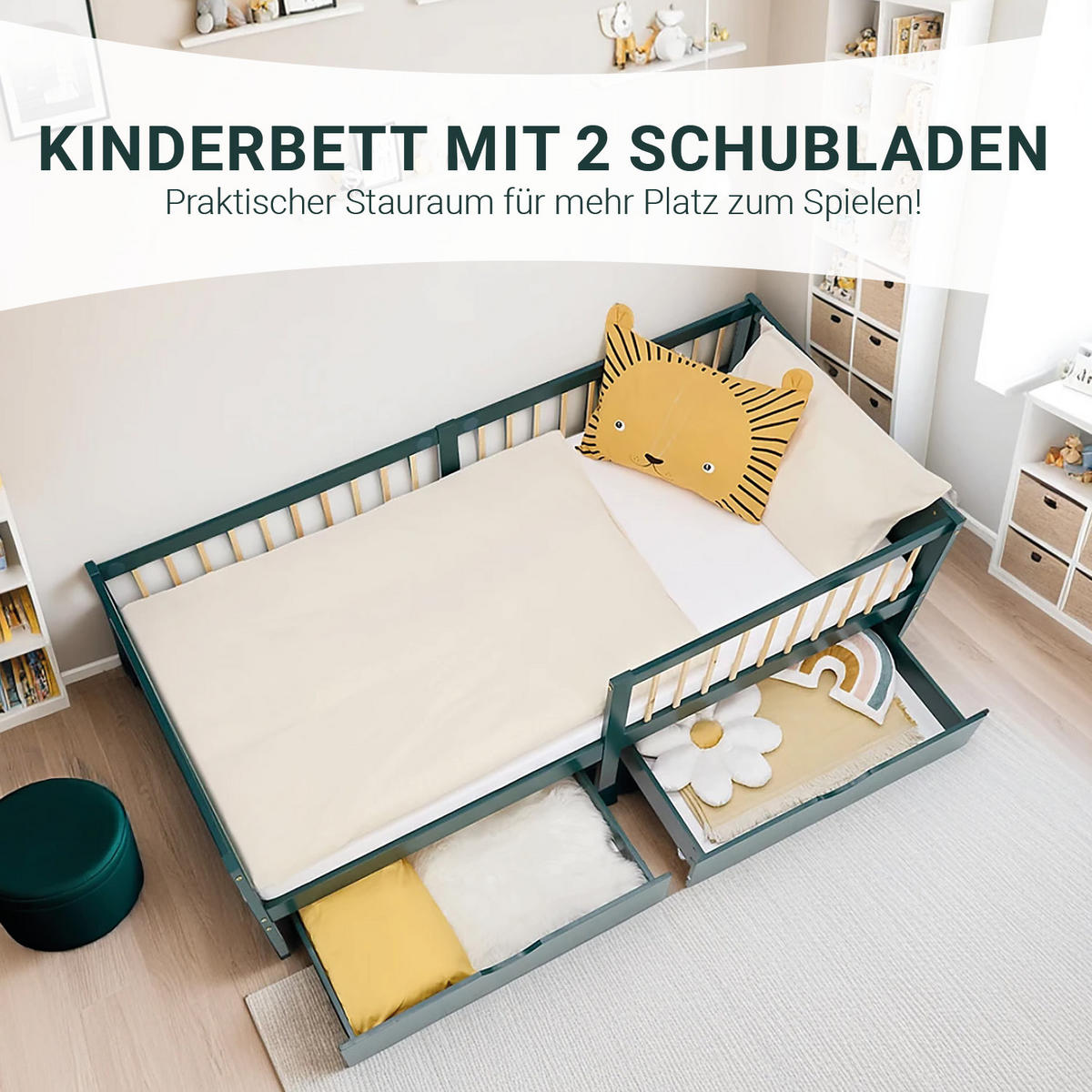 KINDERBETT Grün 90/200 Matratze 2 Bettkästen Rausfallschutz - Grün, Holz (90/200cm) - Homestyle4u