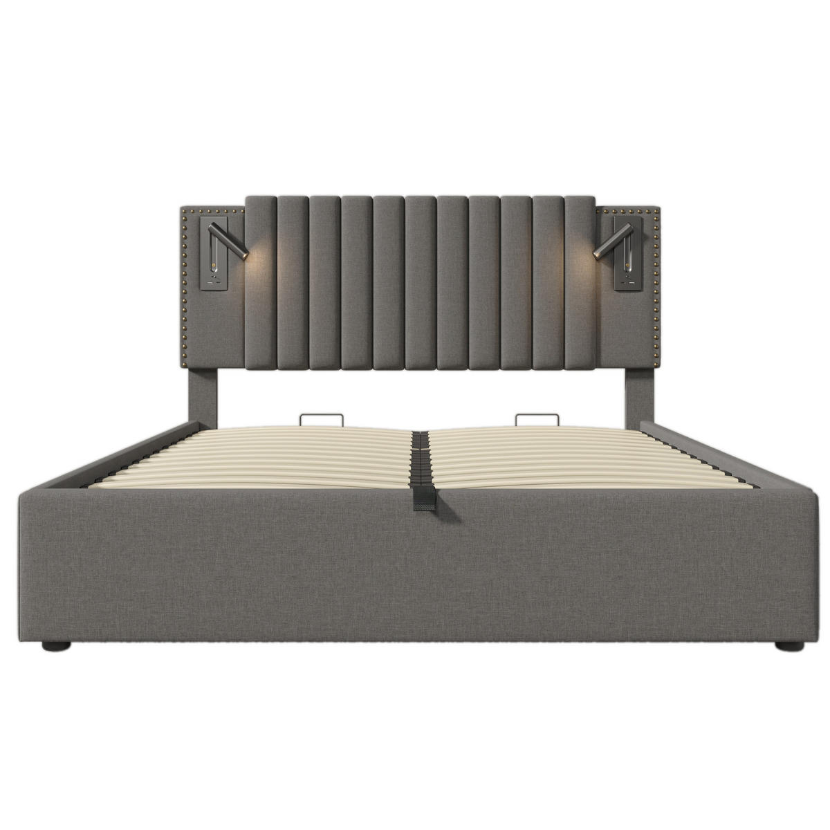 POLSTERBETT 160/200 cm mit Bettkasten, Matratze, Leselicht, USB- und USB-C-Anschlüssen, höhenverstellbarem Kopfteil, Grau - Grau, Textil (160/200cm) - Redom