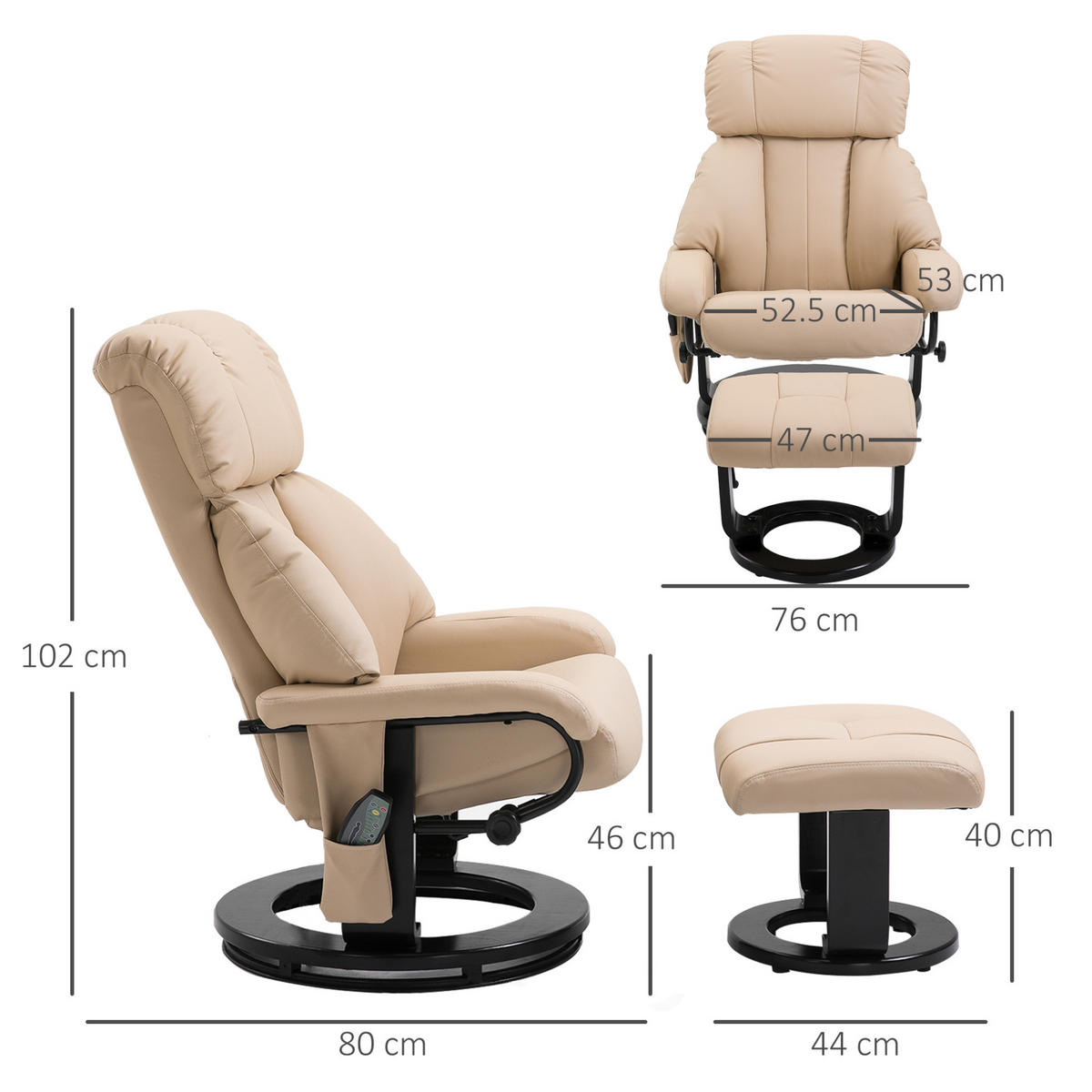 MASSAGESESSEL in Cremeweiß 80x76x102 cm mit Hocker und verstellbarer Rückenlehne - Creme, Kunststoff (76/102/80cm) - IVMEU
