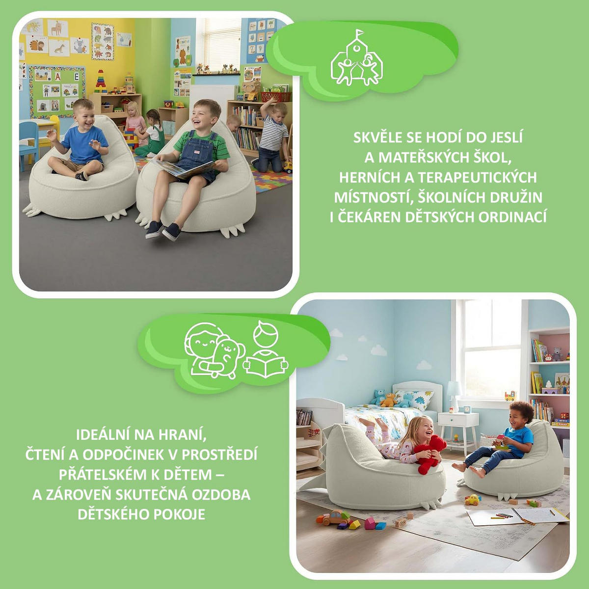 SITZSACK FÜR KINDER Dino 75/75/55 cm, weicher Bouclé 315 g/m², abnehmbarer Bezug, Lamb Cloud - Creme, Textil (75/55/75cm) - Dreamroots