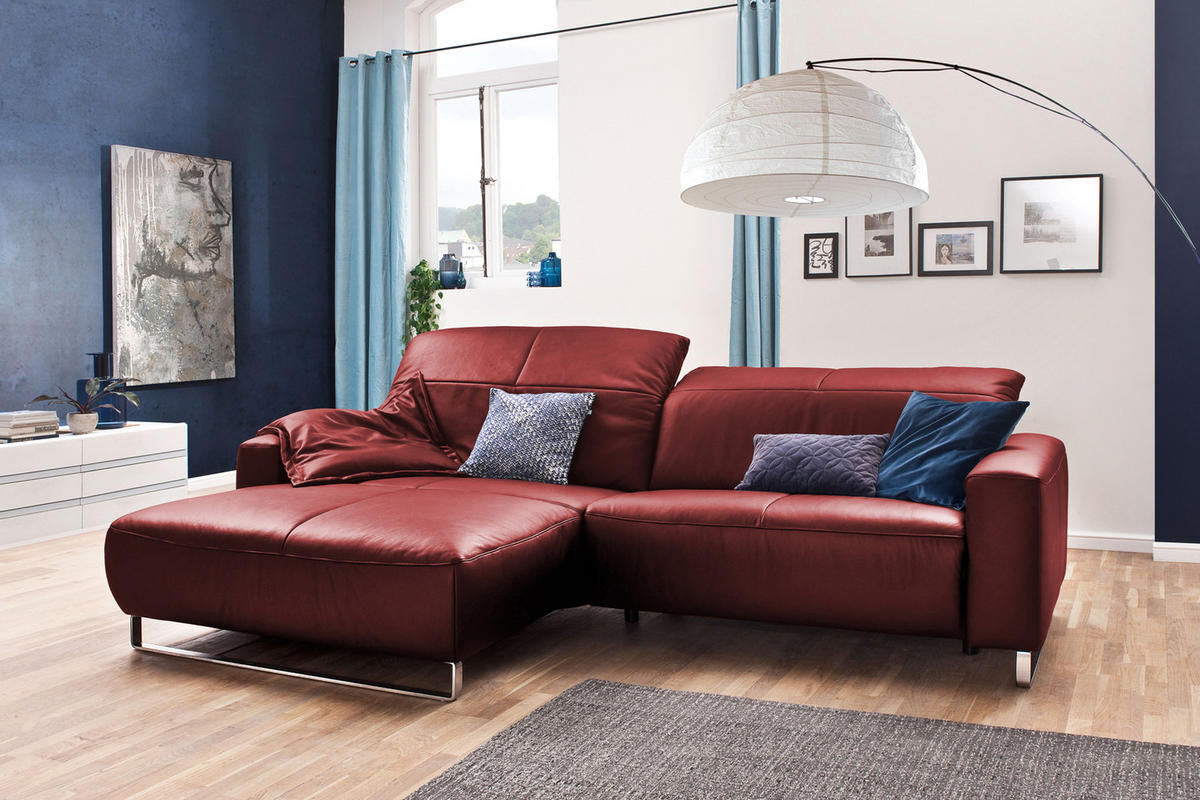 ECKSOFA MIT SITZTIEFENVERSTELLUNG YORK Rot Leder - Silberfarben/Rot, Leder (284/180cm) - KAWOLA