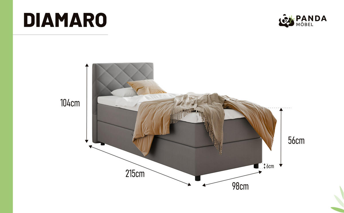 BOXBETT Diamaro 90x200 cm mit Bettkasten und Topper - Dunkelgrau - Grau, Holz (96/215cm) - Panda Möbel