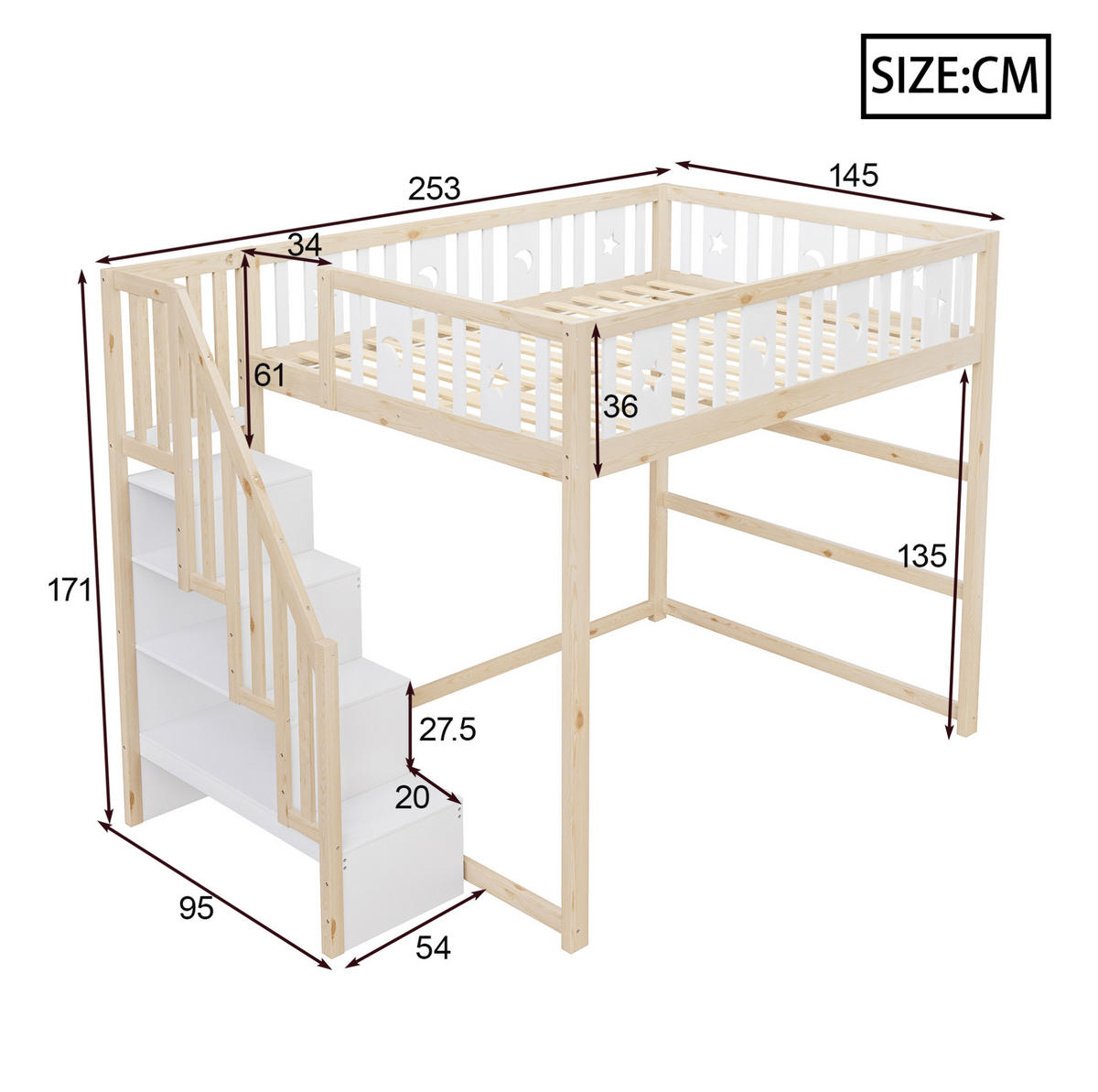HOCHBETT 140/200 cm mit Treppe, Regalen und Sofabereich aus, Natur/Weiß - Naturfarben, Holzwerkstoff (140/200cm) - Redom