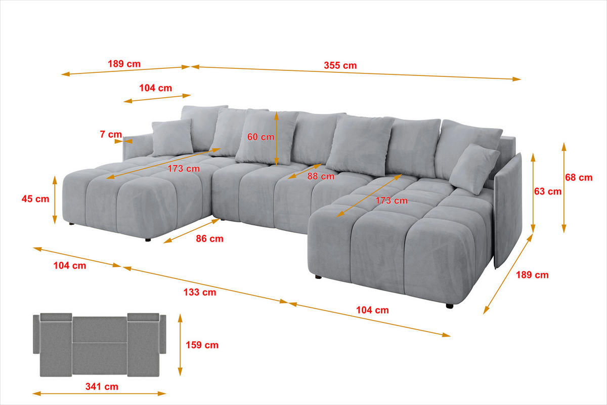WOHNLANDSCHAFT LONLI-U 355x189x68 Hellgrau Velours - Titanfarben, Holzwerkstoff/Kunststoff (355/68/189cm) - ALTDECOR