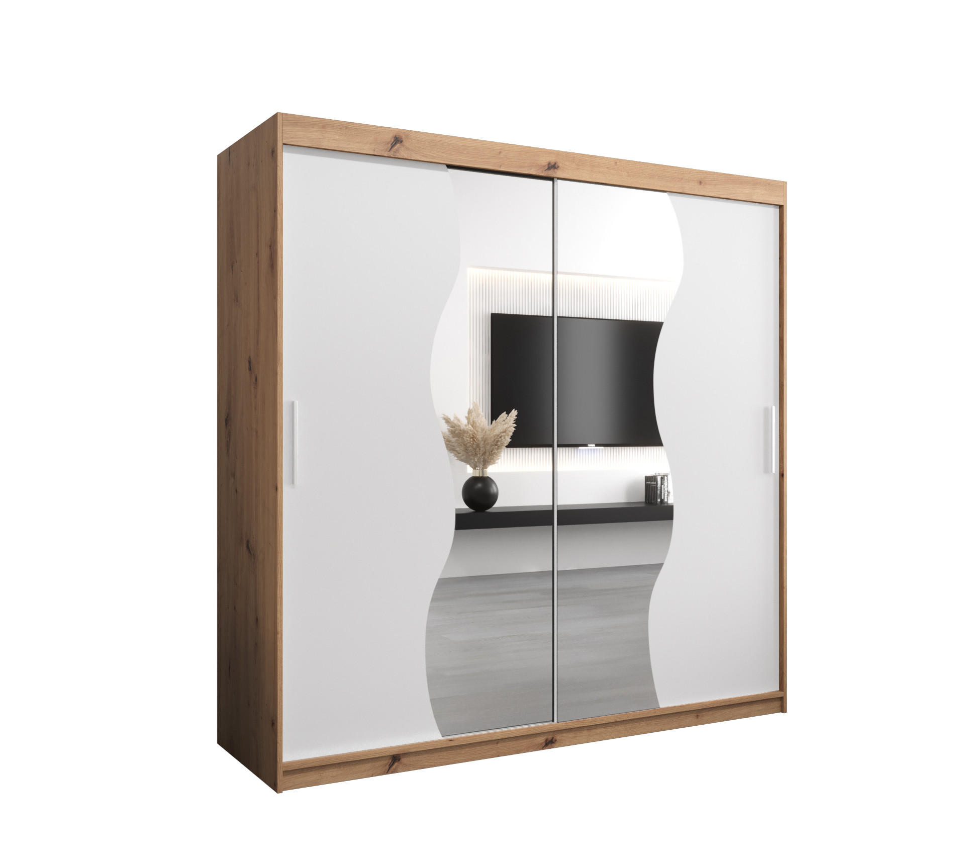 Möbel Kryspol Schwebetürenschrank Eiche Artisan, Weiß 200x200x62 cm