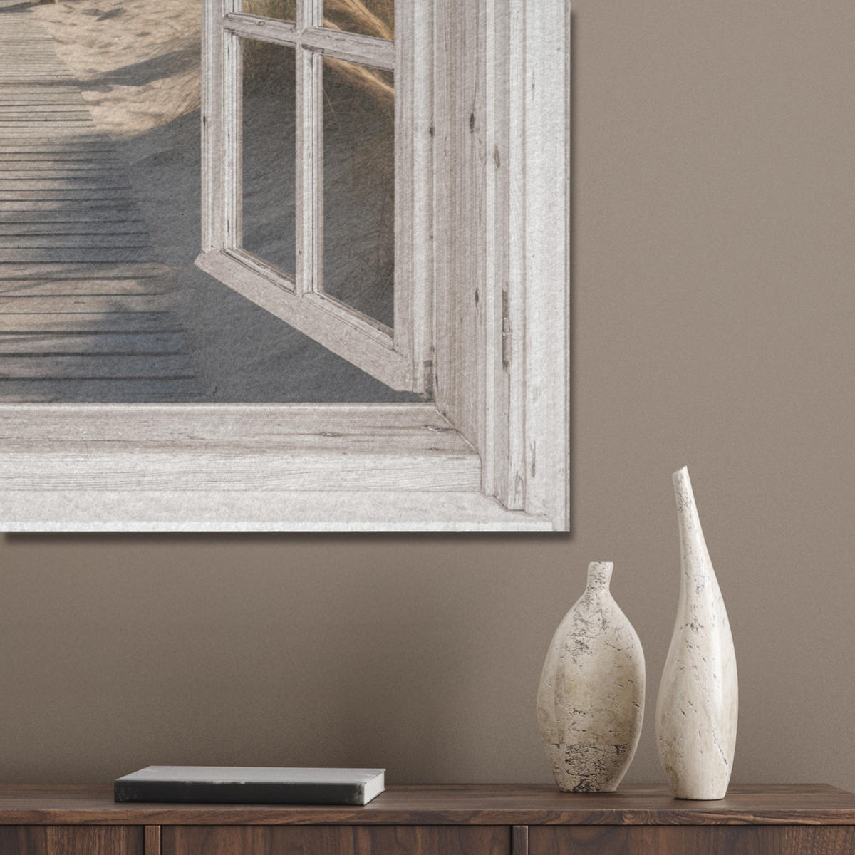 AKUSTIKPANEEL Fenster - Meer - Küste - Natur - Ausblick - Strand - Wattenmeer 90x90 cm - Beige, Textil (90/0.9/90cm) - MuchoWow