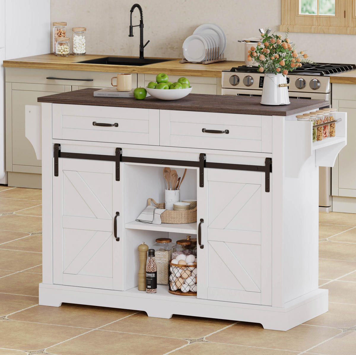 KÜCHENINSEL 120/45(70)/91 cm aus MDF mit klappbarer Arbeitsplatte, Schiebetüren und Rollen, Braun/Weiß - Braun, Holzwerkstoff (120/91/70cm) - Redom