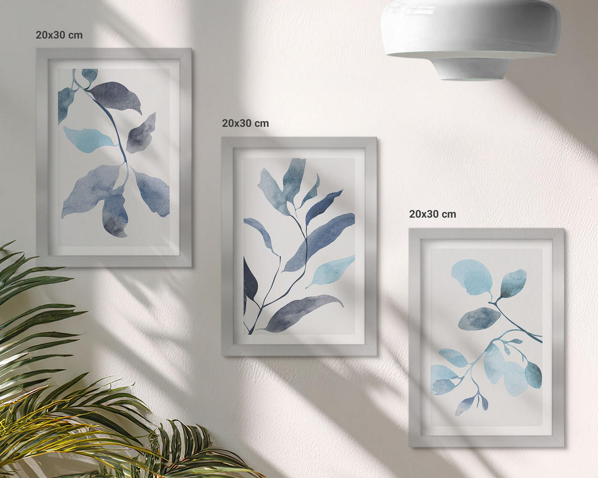 BILDER SET 3er Set - 20x30 cm Silberner Rahmen - Aquarell von blauen Blättern - Silberfarben, Kunststoff (20/30cm) - TULUP