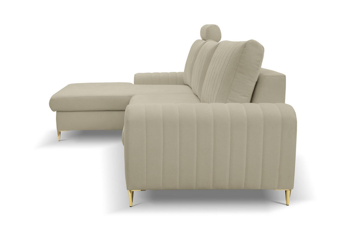 ECKSOFA VERONA L-S Beige Geflochtener Stoff mit Schlaffunktion - Beige, Holz (251/164cm) - MASSENO