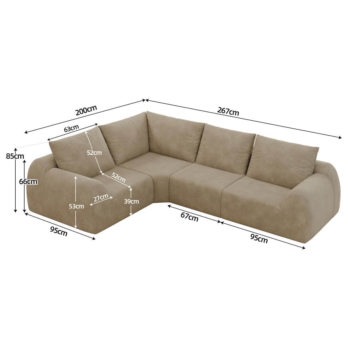ECKSOFA 367/200/85 cm Khaki Chenille - Sandfarben/Graubraun, Textil (367/200cm) - Oxeza