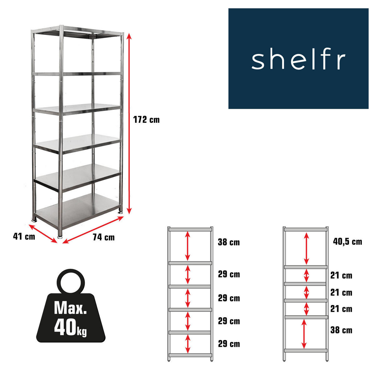 METALLREGAL 73x40x169 cm mit 6 Ebenen - Silberfarben, Metall (41/170/74cm) - shelfr