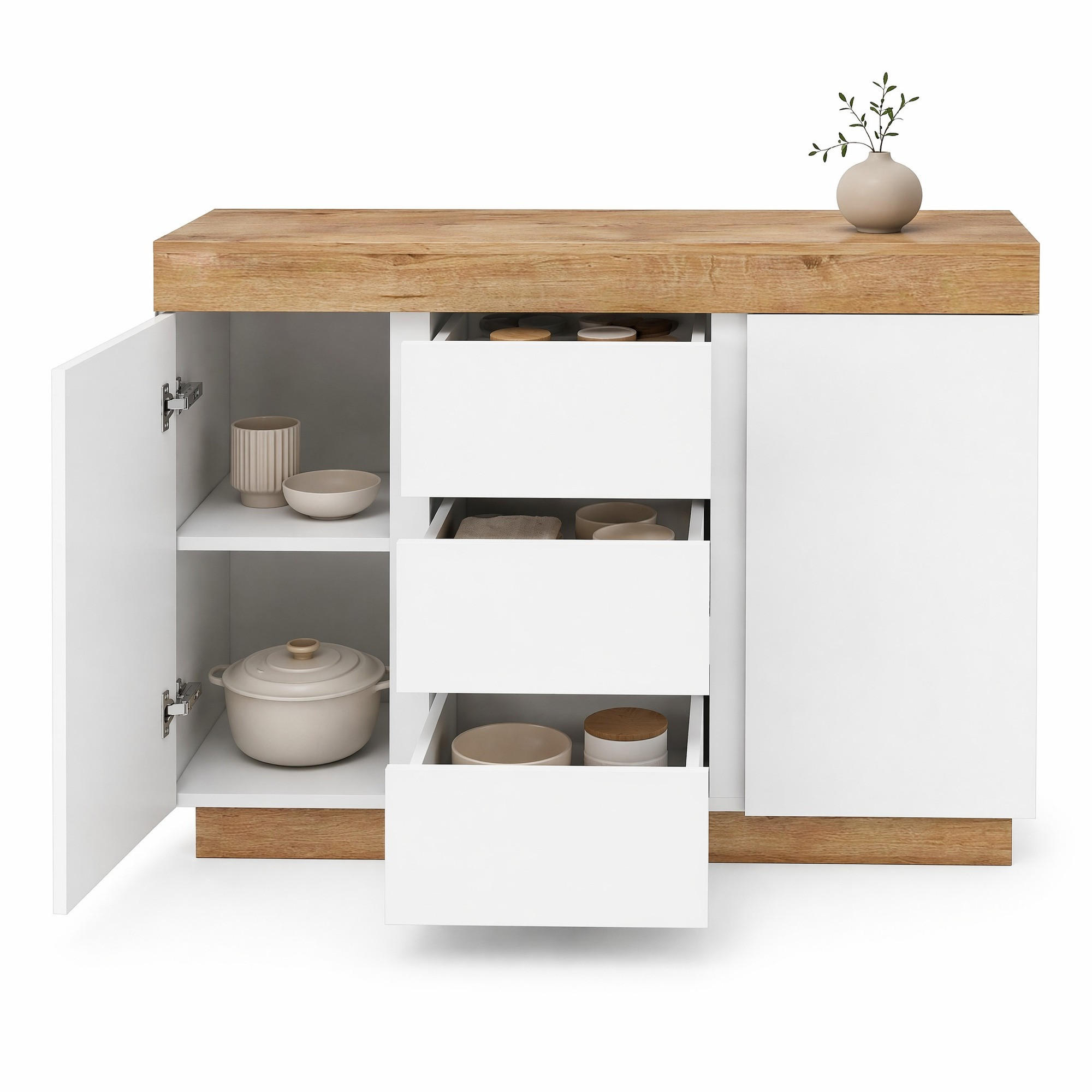 SIDEBOARD in Weiß und Eiche mit 3 Schubladen und 2 Türen für Schlafzimmer und Wohnzimmer, B120.5/T40.2/H82.5 cm - Eichefarben/Weiß, Holzwerkstoff/Metall (120.5/82.5/40.2cm) - STILVORA