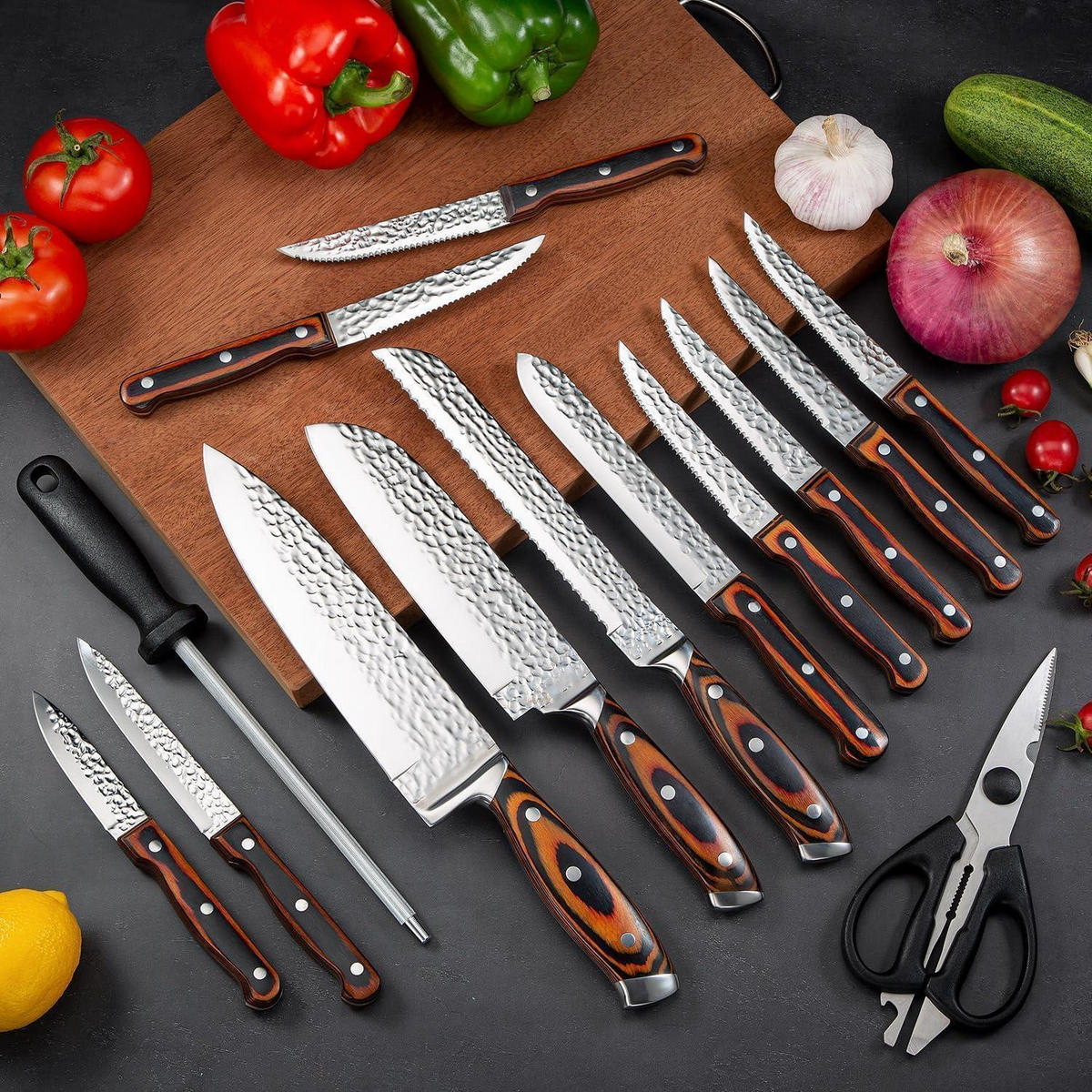 KÜCHENMESSER 15-teiliges Set Rostfreier Spezialstahl Braun Holz Griff und Block - Braun, Holz