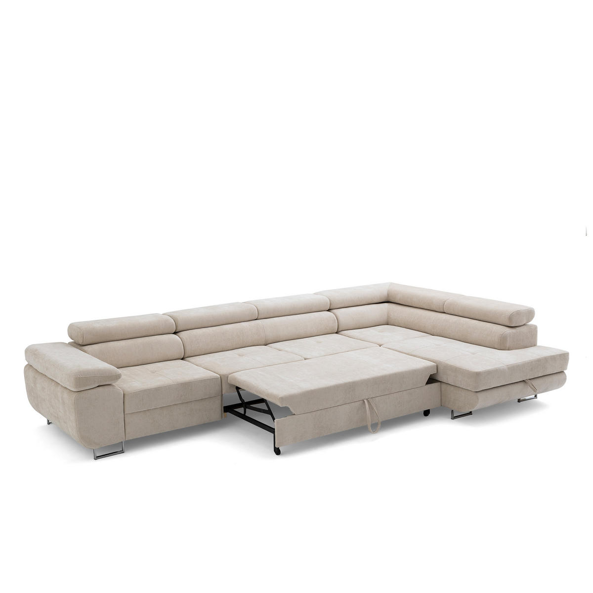 ECKSOFA WILD MAXI L Rechts mit Schlaffunktion 125x195 Chenille Beige - Chromfarben/Beige, Holz/Textil (350/203cm) - Muffo