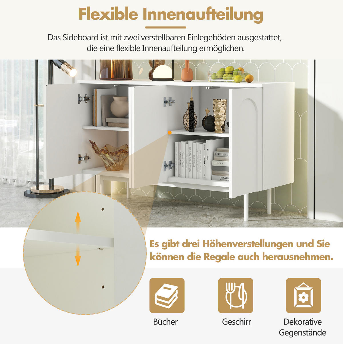 SIDEBOARD in Weiß mit 4 Türen, verstellbaren Einlegeböden und Metallbeinen,140/80/42 cm - Weiß, Holzwerkstoff (140/80/42cm) - Flora Grace