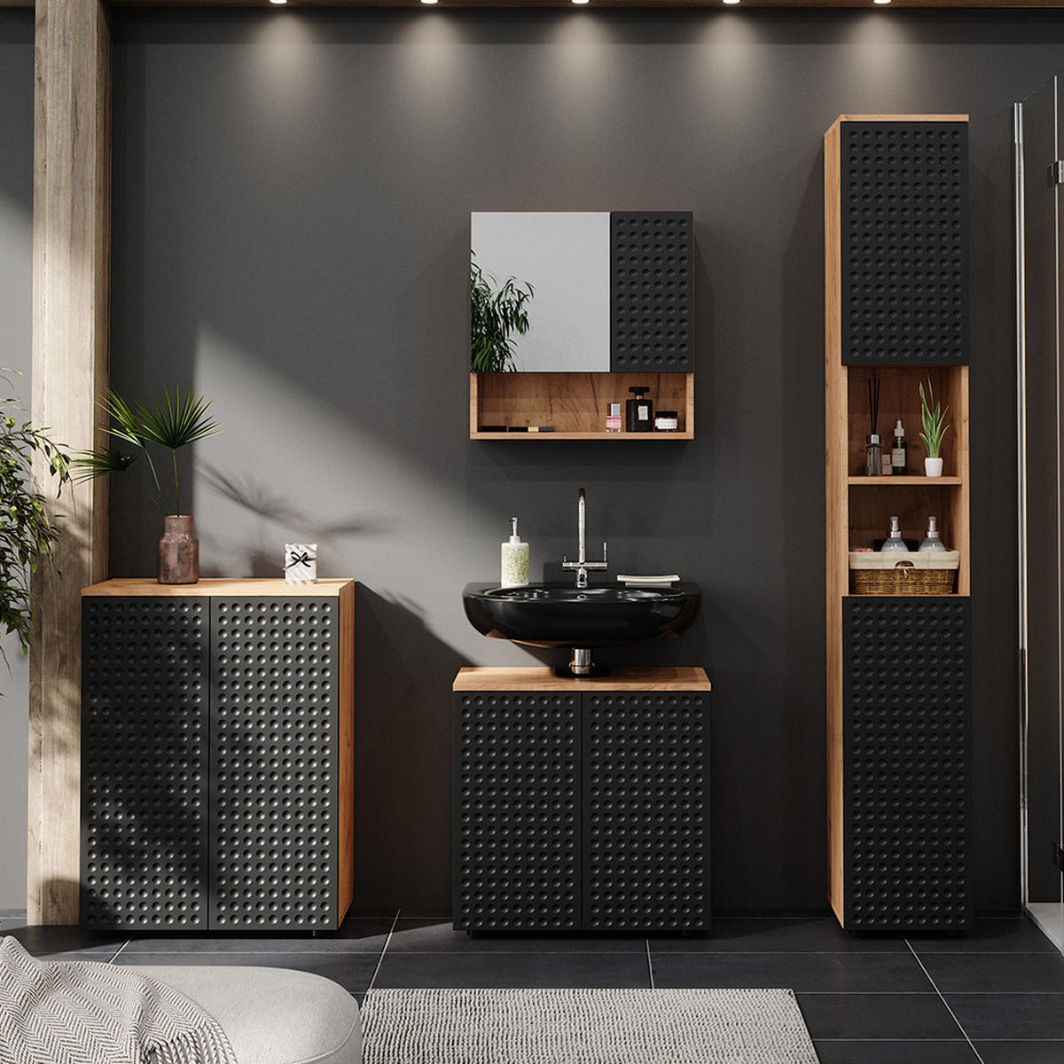 BADMÖBEL-SET Irma Anthrazit gepunktet 4 Teile mit Hochschrank und Kommode - Anthrazit/Eiche Wotan, Holzwerkstoff (80/58.6/41cm) - Vicco
