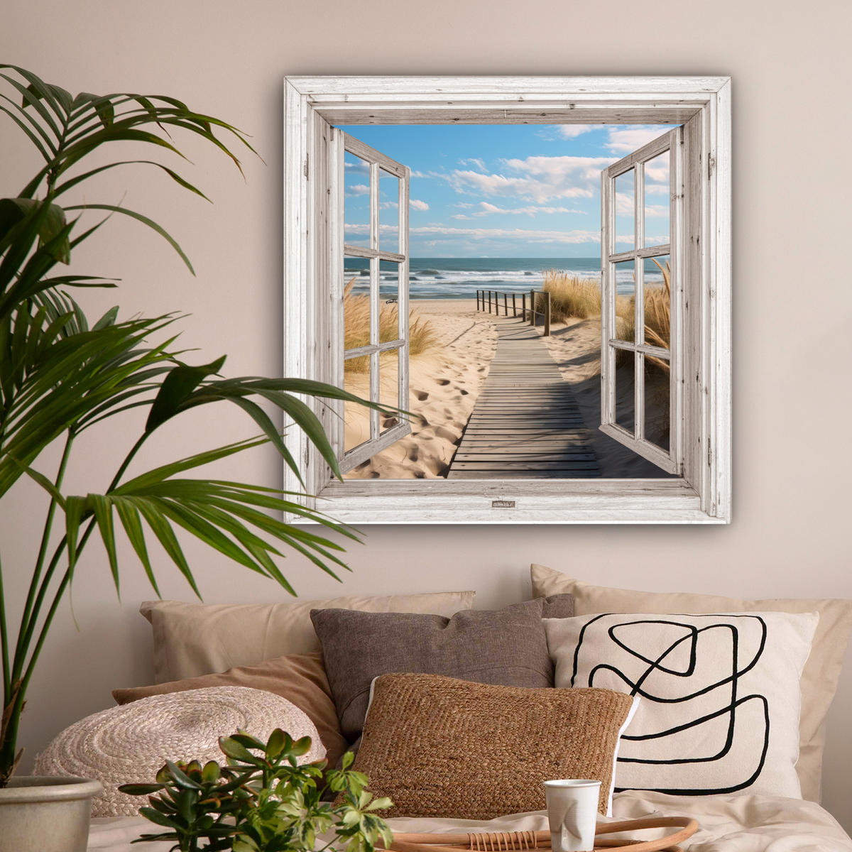 LEINWANDBILD Fenster - Meer - Küste - Natur - Ausblick - Strand - Wattenmeer 90x90 cm - Beige, Textil (90/90cm) - MuchoWow