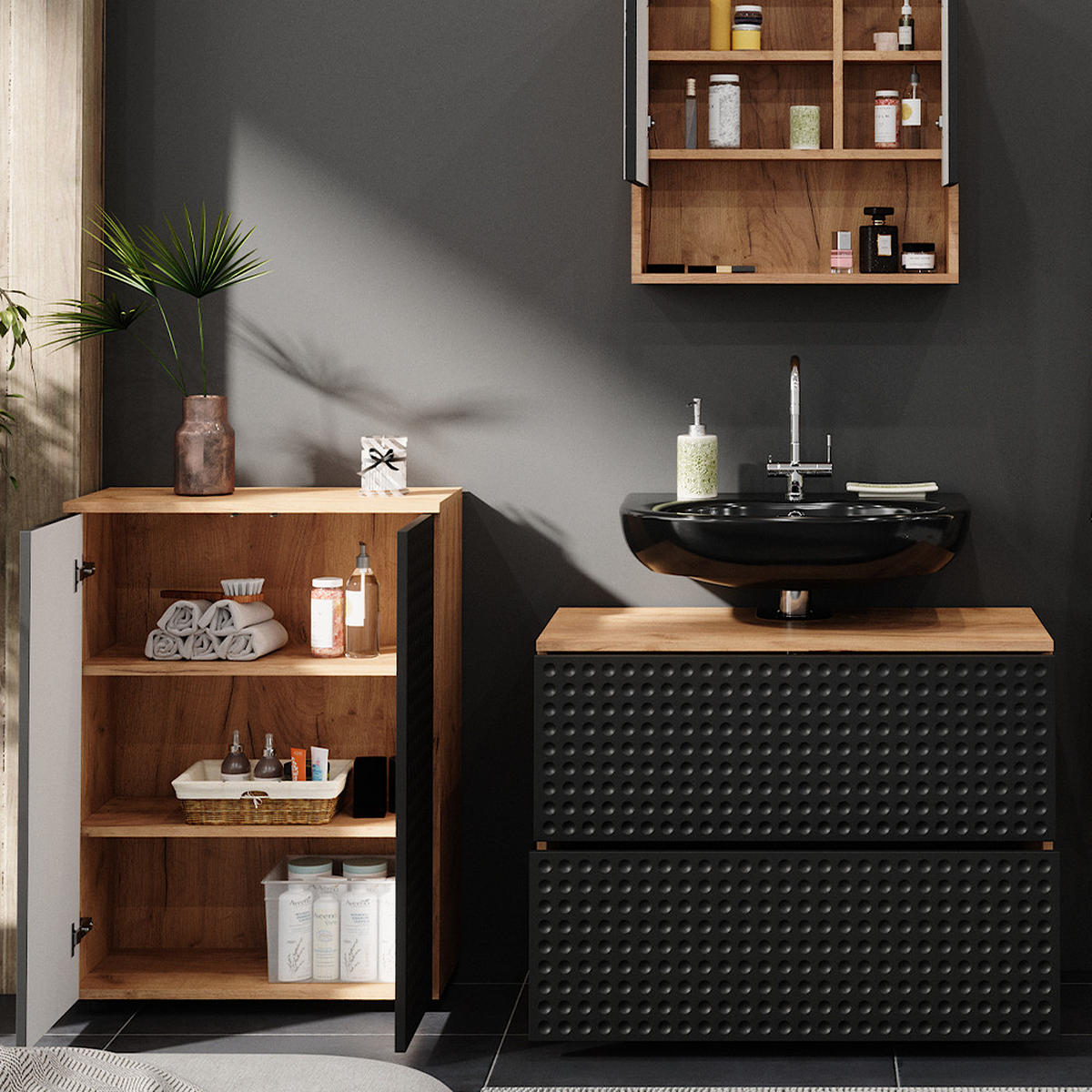BADMÖBEL-SET Irma Anthrazit gepunktet 3 Teile, mit Unterschrank 80 cm - Anthrazit/Eiche Wotan, Holzwerkstoff (80/58/41cm) - Vicco
