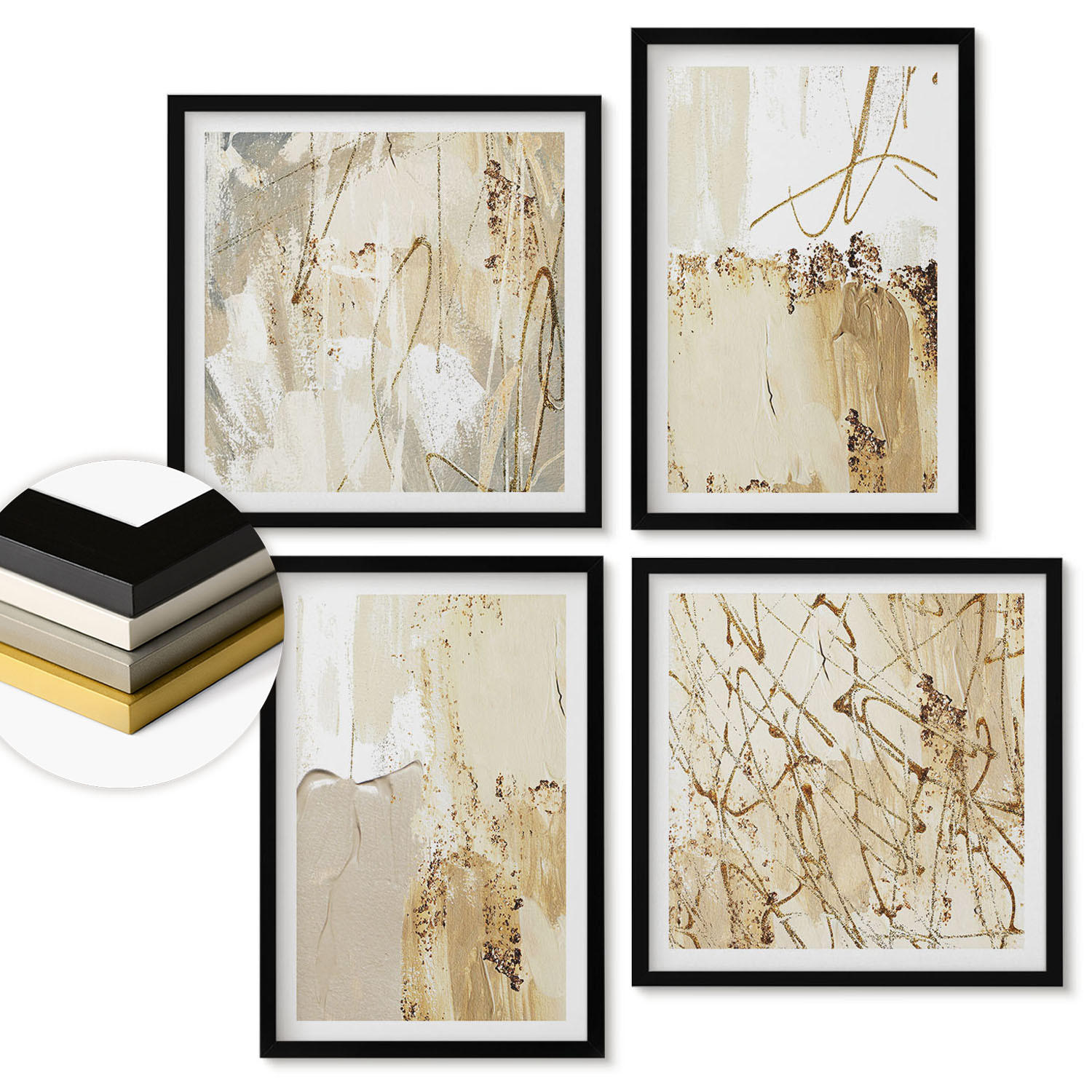 WANDBILDER 4er-Set - 50x50 cm & 40x60 cm Schwarzer Rahmen - Abstrakte Muster beige weiß - Schwarz, Kunststoff (50/50cm) - ArtPrintCave