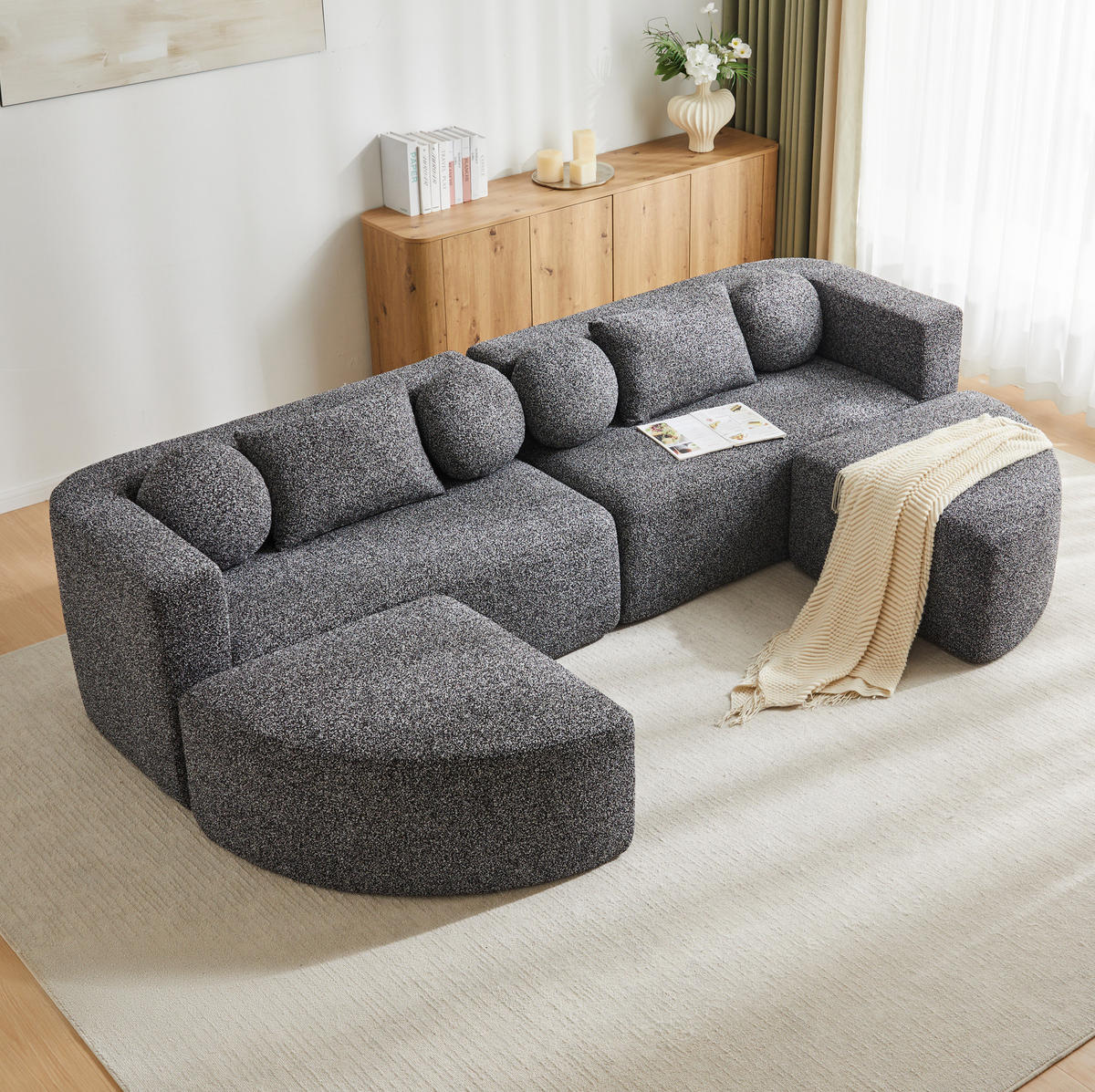 MODULÁRNÍ rozkládací pohovka z chenillu 292x68x165 cm černá bez montáže s variabilním uspořádáním - černá, textil (292/68/165cm) - Modfu