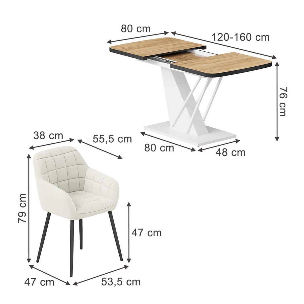 JEDILNA MIZA Fenaro, Zlati hrast z močjo/Bela, 120 x 80 cm s 4 jedilnimi stoli - barve hrasta/bela, leseni material (120/76/80cm) - Vicco