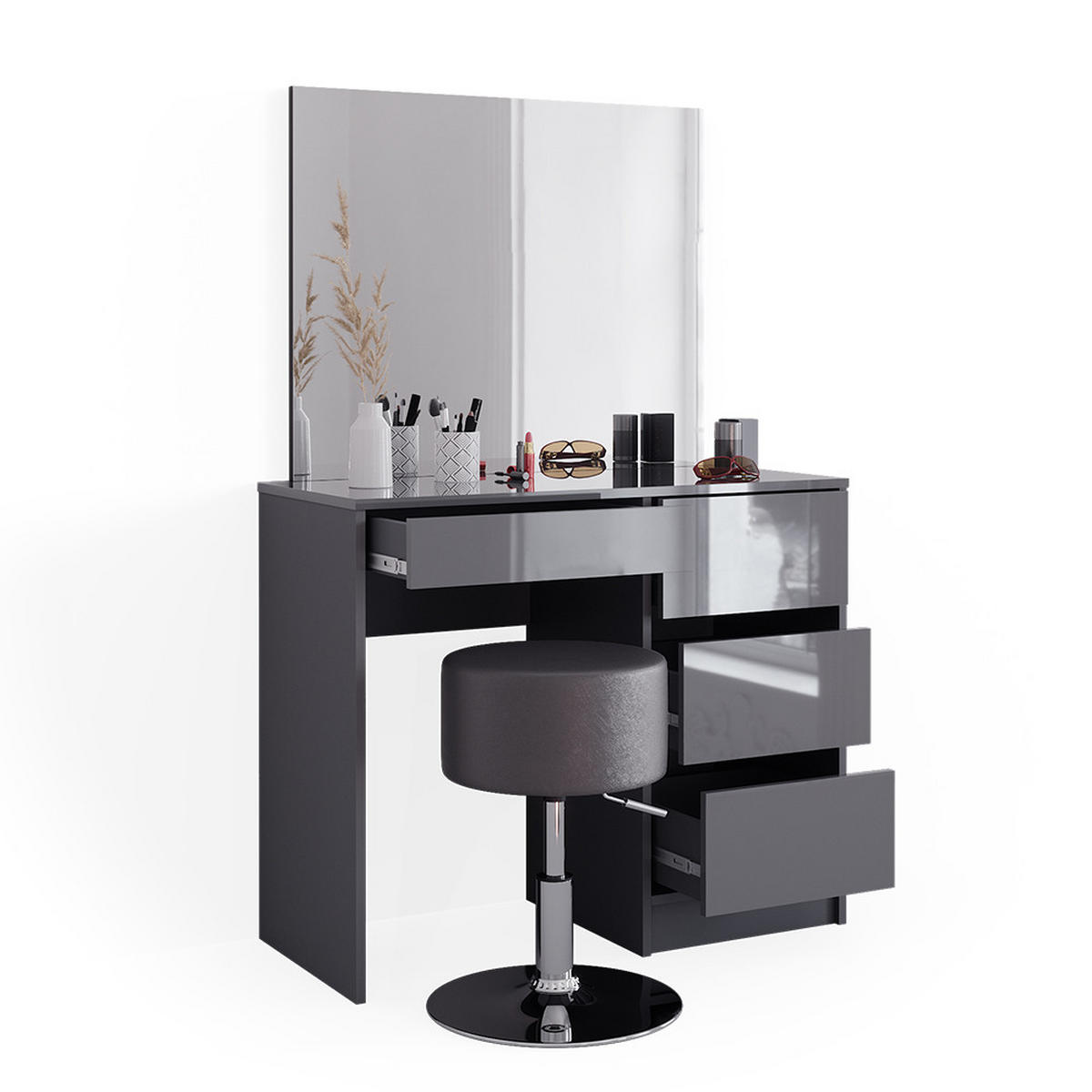 SCHMINKTISCH-SET Sherry Anthrazit 90 cm mit Hocker - Schwarz Hochglanz/Anthrazit, Holzwerkstoff (90/75/40cm) - Vicco