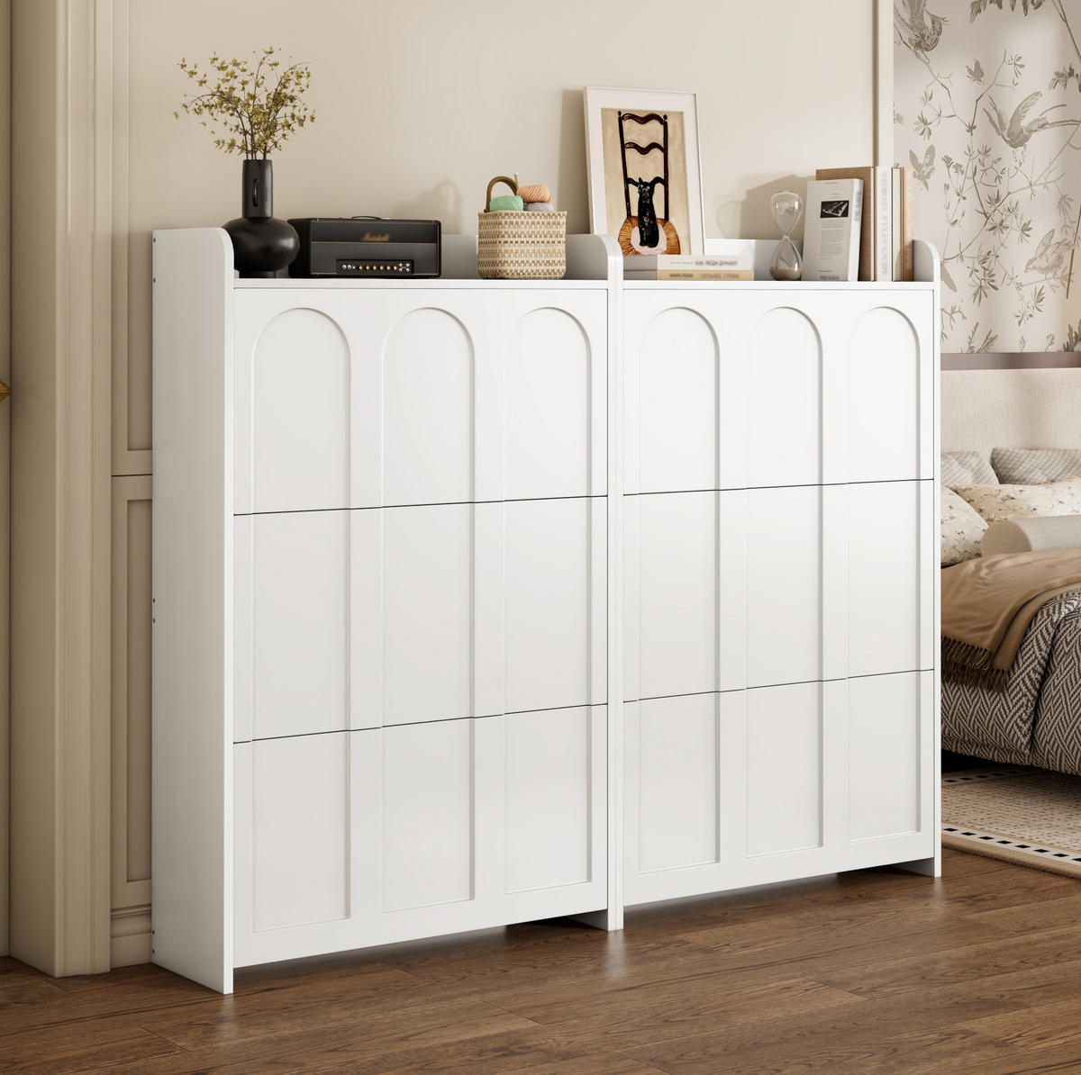 SCHUHSCHRANK 140/25/120 cm mit 6 Klapptüren und Schublade aus MDF, Weiß - Weiß, Holzwerkstoff (70/120/25cm) - Redom