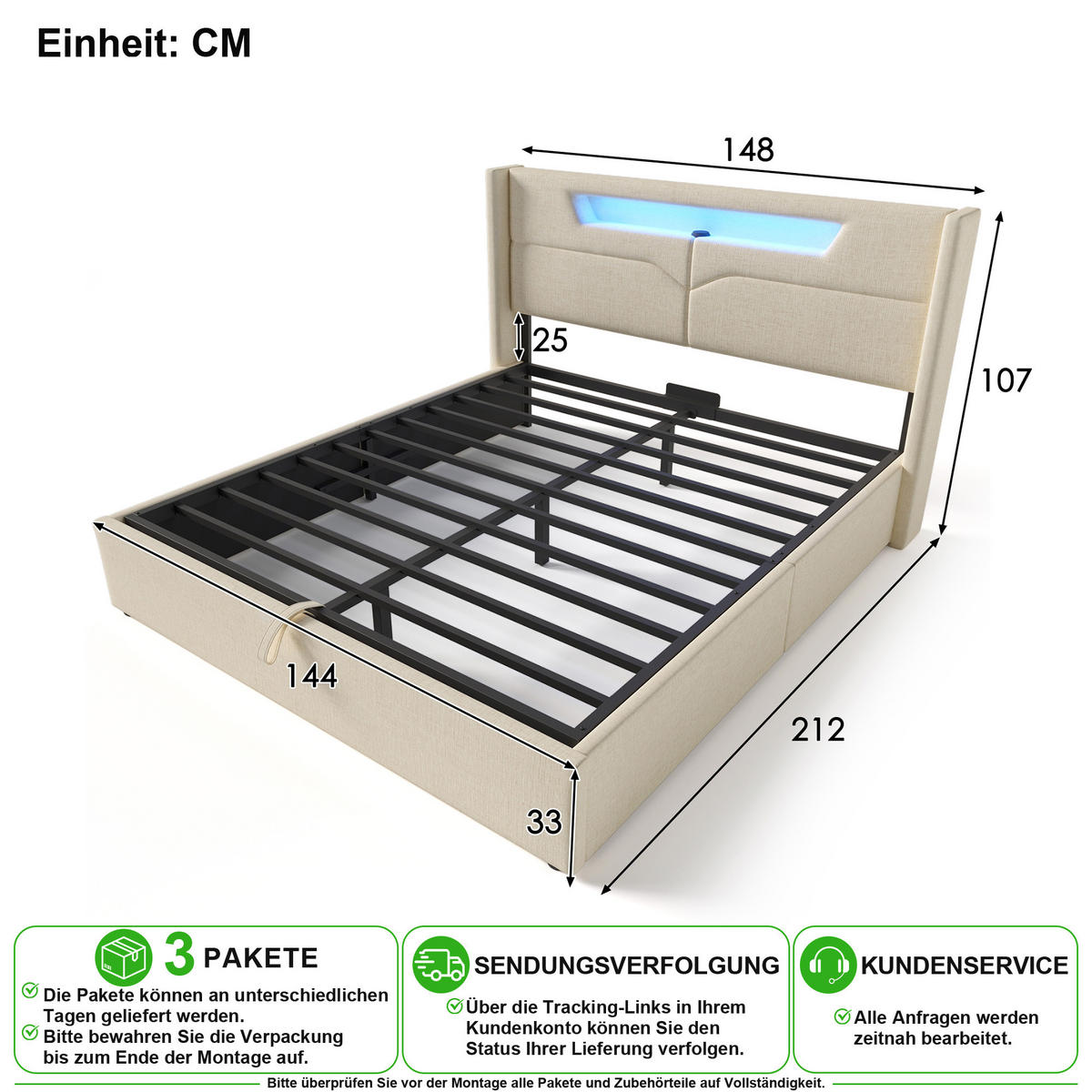 ČALOUNĚNÁ POSTEL 140/200 cm v béžové barvě s úložným prostorem, LED a USB-C - béžová, kov/kompozitní dřevo (140/200cm) - CHICFURN