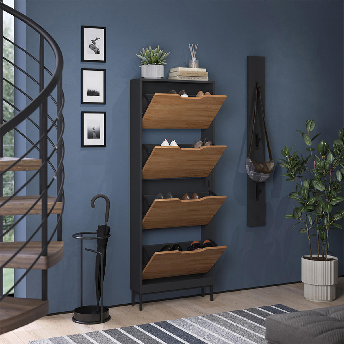 SCHUHKIPPER Luca, Anthrazit/Goldkraft Eiche, 59 x 157.5 cm mit 4 Kippfächern - Honigeiche/Anthrazit, Holzwerkstoff (59/157.5/17cm) - Vicco