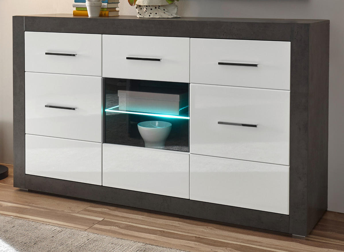 SIDEBOARD weiß Hochglanz, grau Stone 164 cm, Kommode 6 Fächern - Chromfarben/Weiß Hochglanz, Glas/Holzwerkstoff (164/97/42cm) - Furn.Design