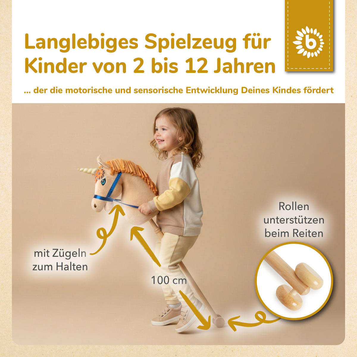 STECKENPFERD Holz Einhorn Magic - Beige, Textil (24/100cm) - Bieco Spielwaren