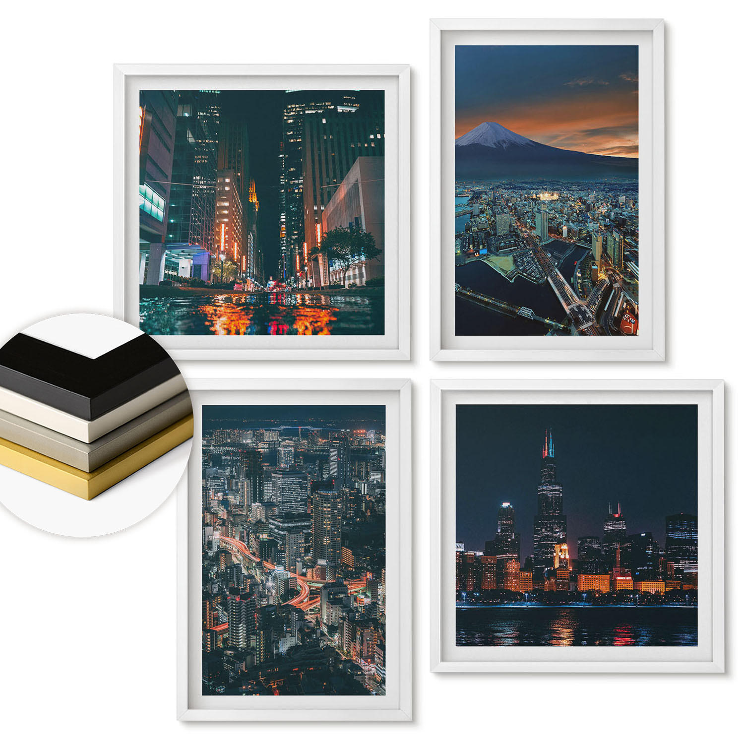 WANDBILDER 4er-Set - 50x50 cm & 40x60 cm Weißer Rahmen - Bergpanorama der Stadt bei Nacht - Weiß, Kunststoff (50/50cm) - ArtPrintCave