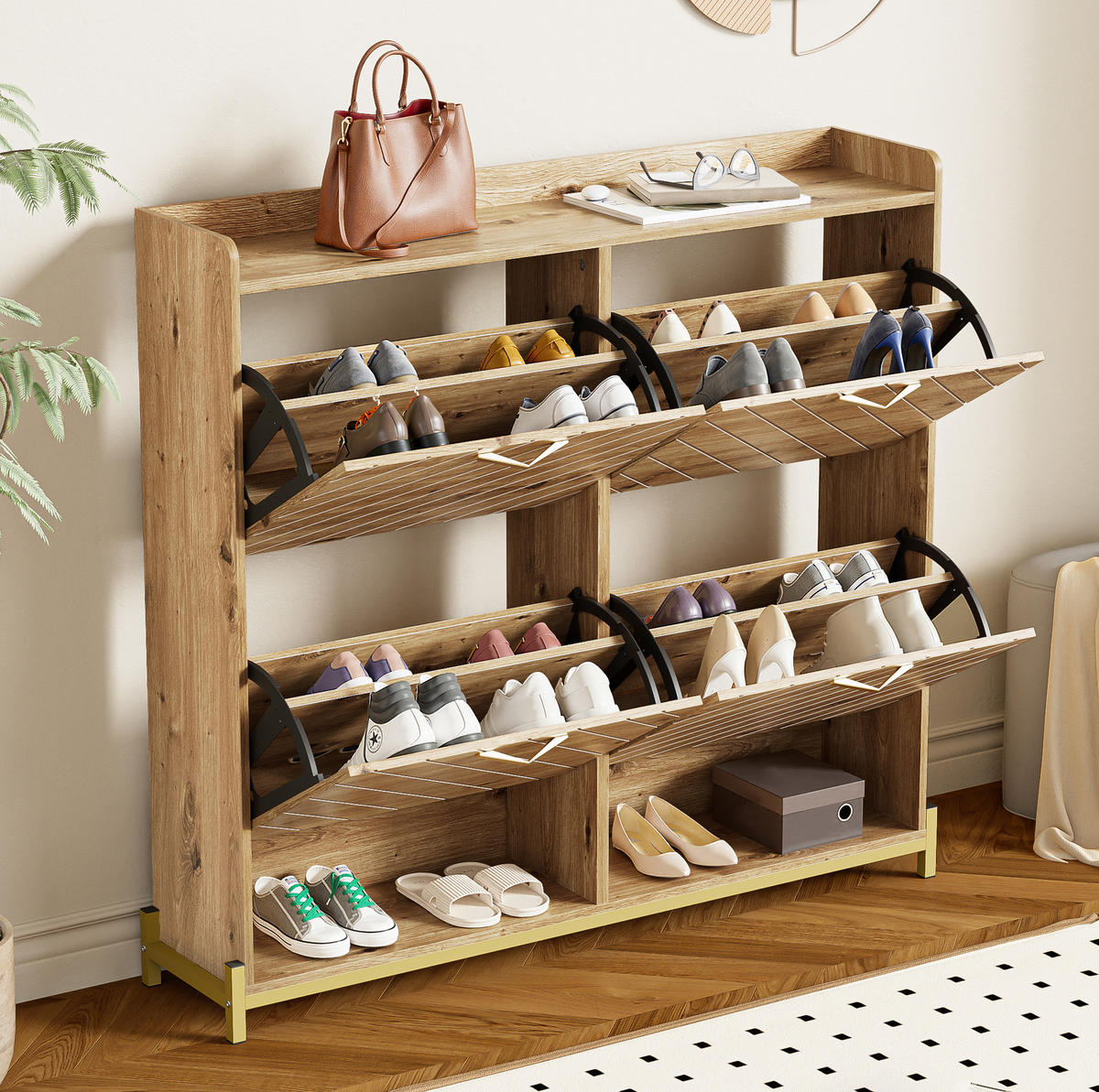 SCHUHSCHRANK aus MDF 108,5x24x100cm in Naturfarben mit Metallfüßen - Naturfarben, Holzwerkstoff (108.5/100/24cm) - Modfu