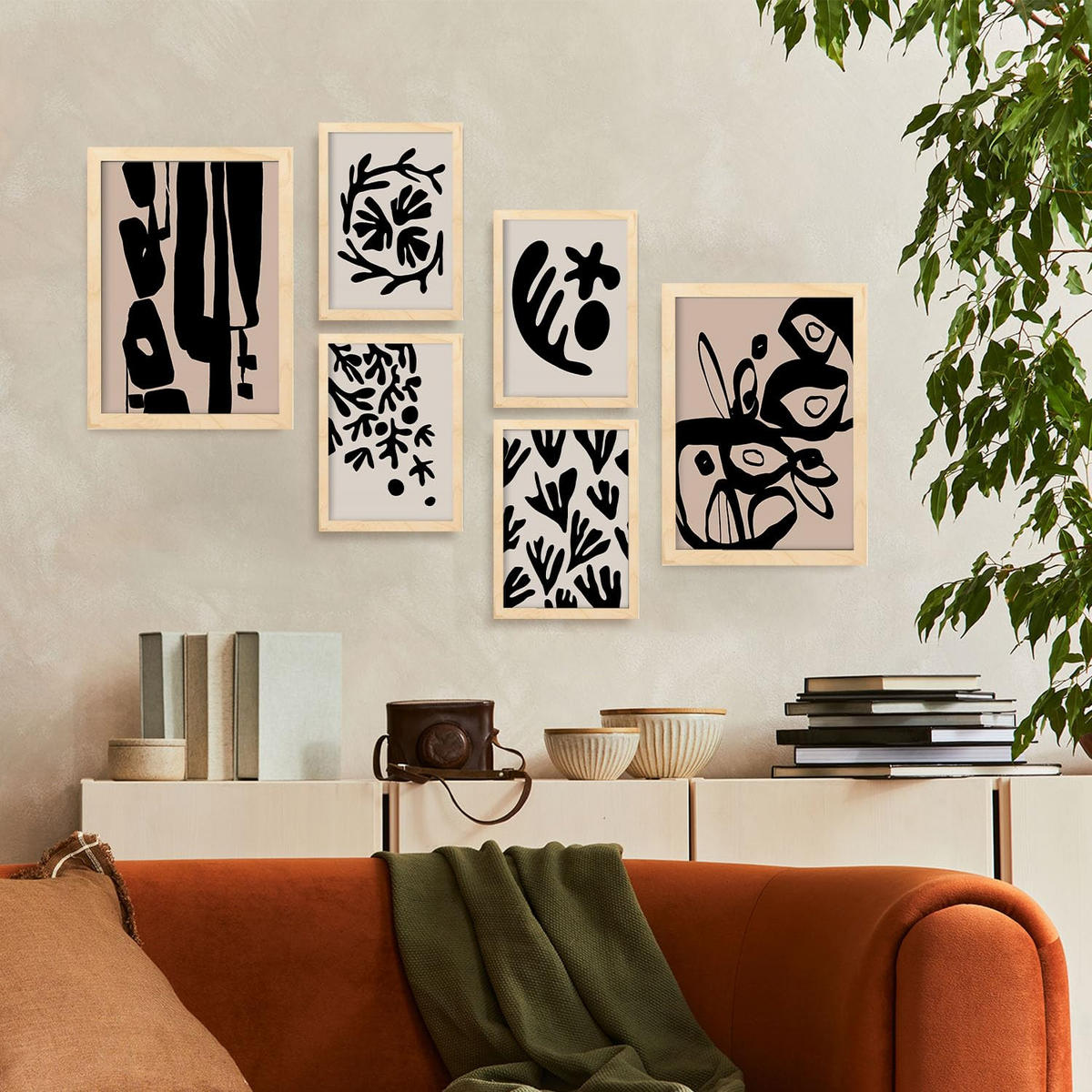 POSTER Set Mit 6 Mystik Design In Blume Zusammenfassung Ästhetische Dekorative Gemälde Für Ihr Wohnzimmer Zuhause A3 & A4 Rahmen Aus Hellem Holz - Beige, Papier (29/3cm) - Nacnic