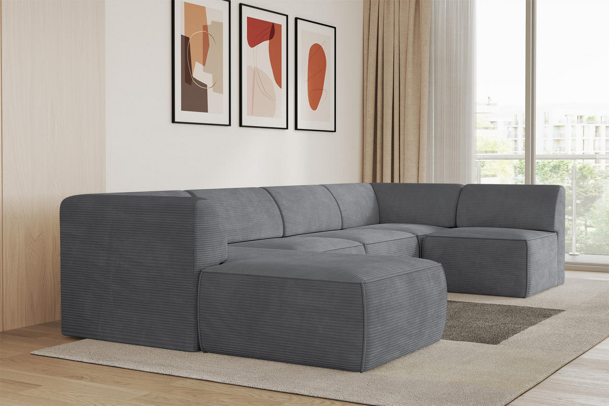 WOHNLANDSCHAFT Ottomane Links MOVO-L 345x180x78 cm Dunkelgrau Cord - Dunkelgrau, Holzwerkstoff/Kunststoff (345/78/180cm) - ALTDECOR