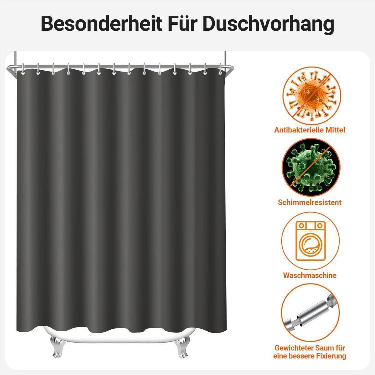 DUSCHVORHANG Dunkelgrau 200 x 200 cm Textil Wasserabweisend Waschbar - Anthrazit, Textil (200/200cm)