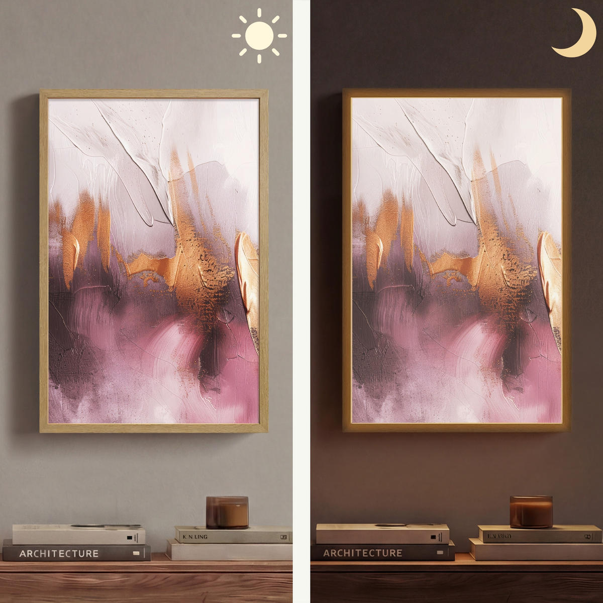 NÁSTĚNNÁ LAMPA S AKUMULÁTOREM Fialová - abstraktní - barva - zlatá 40x60 cm - světle fialová, kompozitní dřevo (40/60/8cm) - OnlyWow