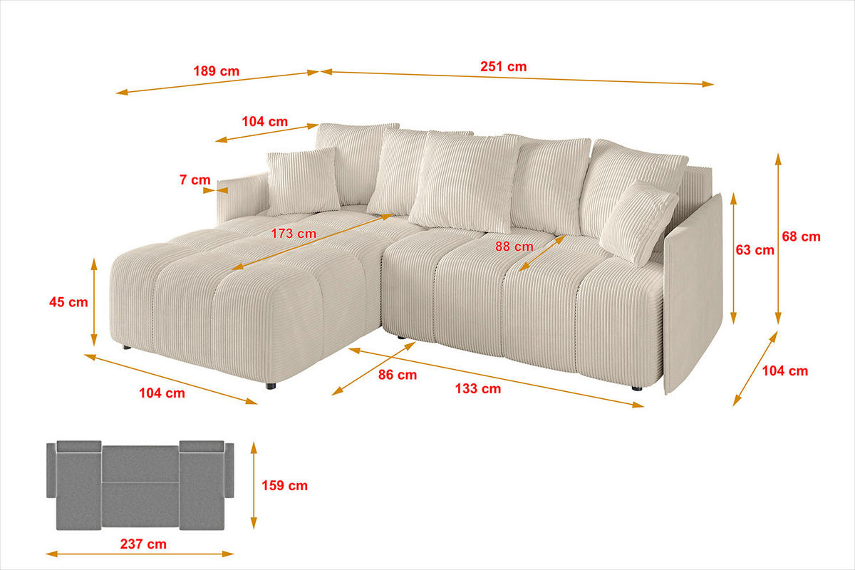 ECKSOFA Ottomane links LONLI-L 251x189x68 Beige Cord - Beige, Holzwerkstoff/Kunststoff (251/189cm) - ALTDECOR