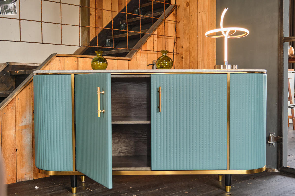 SIDEBOARD MARIA Hellblau Kunstleder - Schwarz/Hellblau, Stein/Metall (150/76/40cm) - KAWOLA