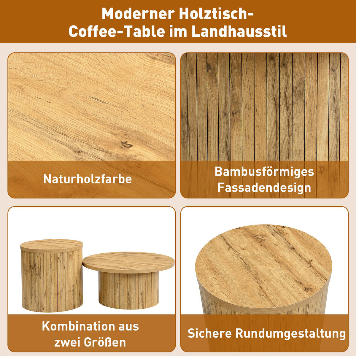 COUCHTISCH in Naturfarben Wohnzimmertisch- Set mit 2 runden Tischen, B75/T75/H36cm und B50/T50/H50.5cm - Naturfarben, Holzwerkstoff (75/75/50.5cm) - STILVORA