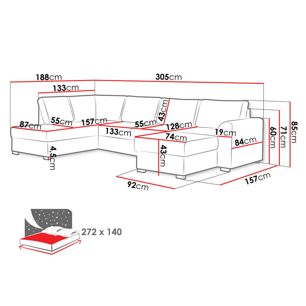 Thumbnail - Mirjan24 Wohnlandschaft, Grau, Textil, 7-Sitzer, U-Form,Rechteckig, 305x85x188 cm, Wohnzimmer, Sofas & Couches, Wohnland...