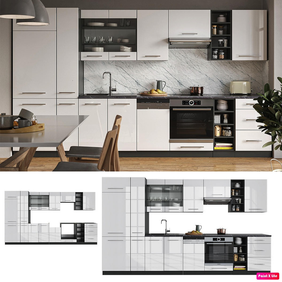 KUHINJSKI BLOK Fame-Line Bela barva visokega sijaja/antracit 355 cm , DP Hrast - bela/visoki sijaj, leseni material (355/206.8/60cm) - Vicco