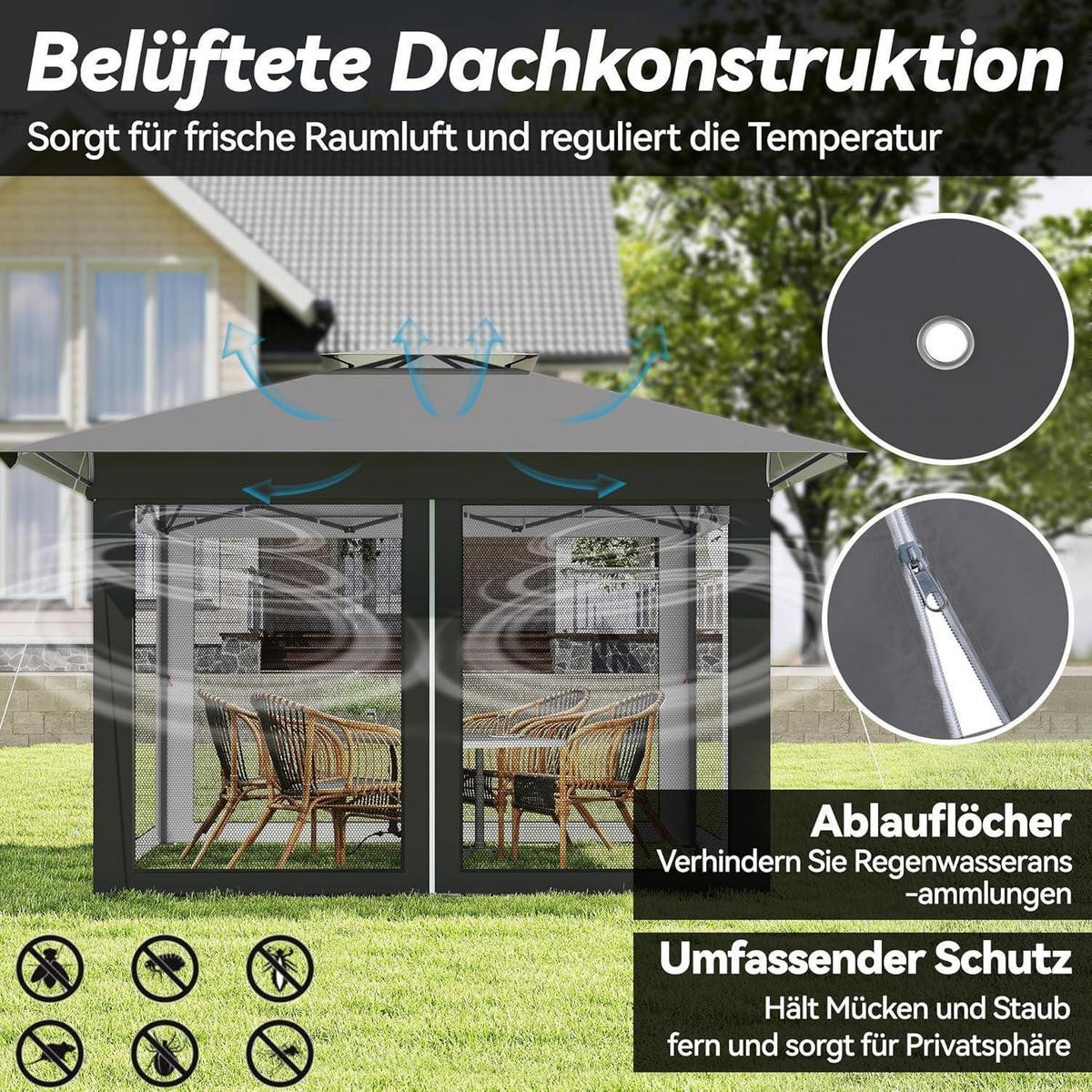 GARTENPAVILLON 400 x 400 cm Anthrazit Höhenverstellbar mit Moskitonetz - Anthrazit, Metall (300/285/400cm)