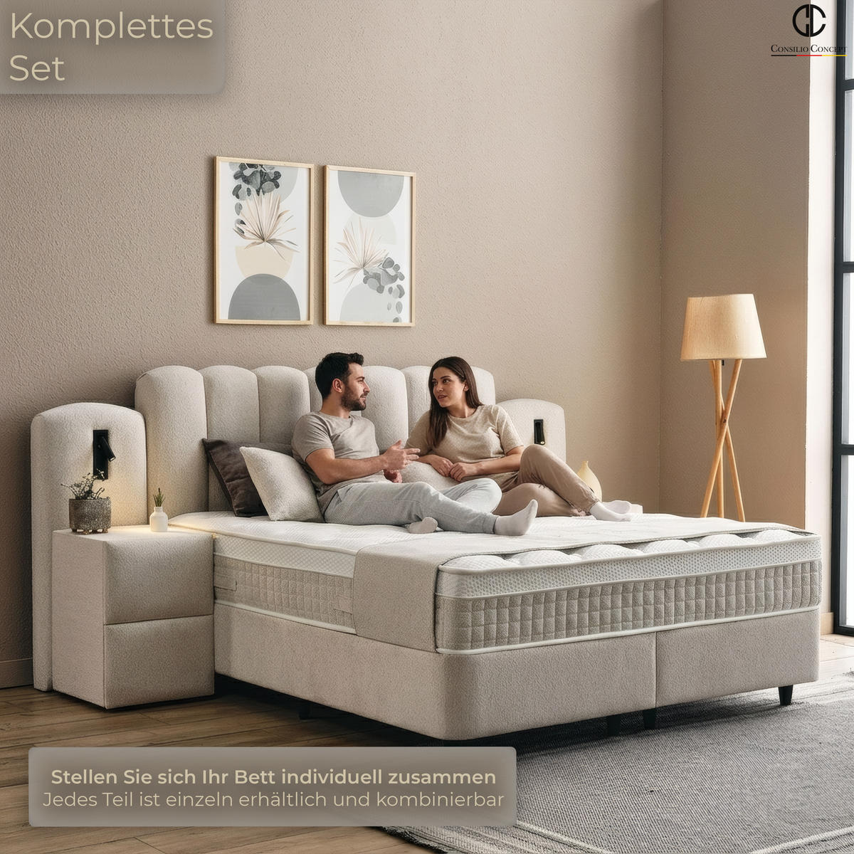 BOXSPRINGBETT MIT BETTKASTEN DUBAI 180/200 cm, Ivory, Bettkasten, Matratze, Topper integriert, H3 mittel 7-Zonen Matratze - Creme/Schwarz, Holz/Kunststoff (180/200cm) - Consilio Concept