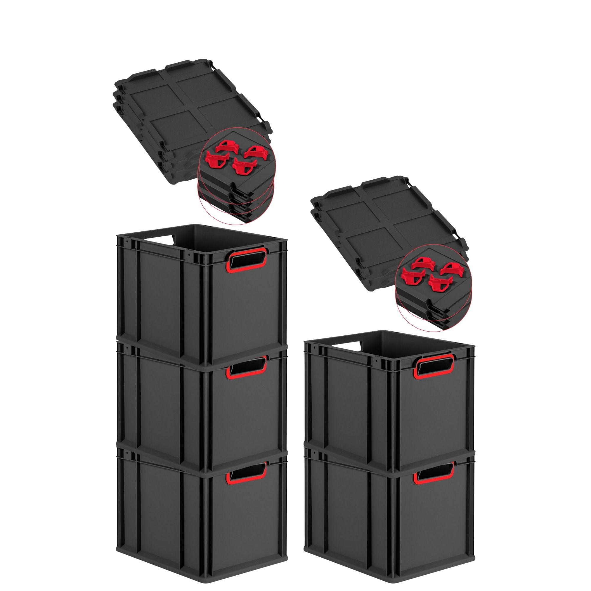 EUROBOX 5x NextGen Color mit Auflagedeckel 32x30x40 cm 30 Liter Schwarz Griffe rot offen - Rot/Schwarz, Kunststoff (30/32/40cm) - PROREGAL