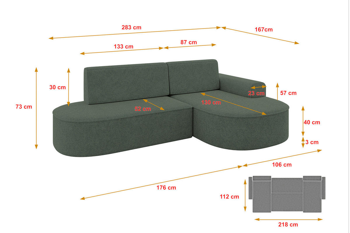 ECKSOFA mit Schlaffunktion und Bettkasten Ottomane Rechts MARI-L1-S - 283x167x73 cm Grün Tissu - Schwarz/Grün, Holzwerkstoff/Kunststoff (167/283cm) - ALTDECOR